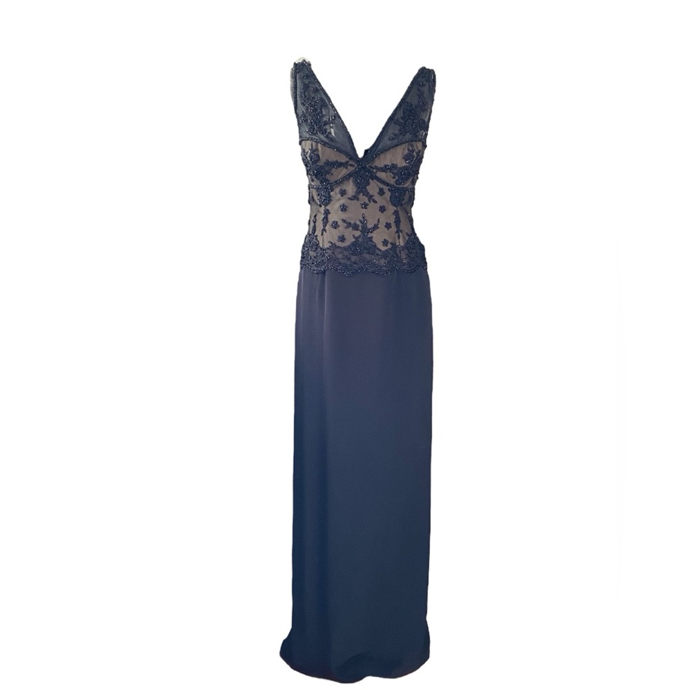 Strapless Navy Lace-Embellished Evening Gown